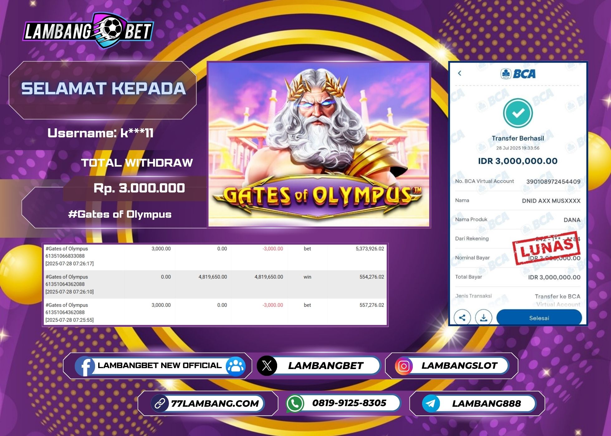 LAMBANGBET [28 JULY 2025] JACKPOT SLOT Gates of Olympus "Rp3.000.000" LUNAS